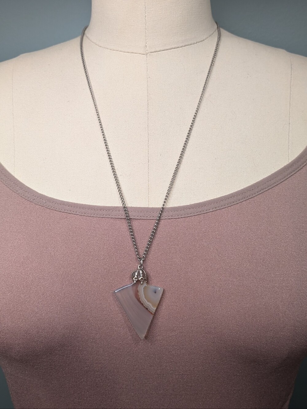 Vintage Large Geometric Triangle Banded Agate Slice Statement Pendant Necklace